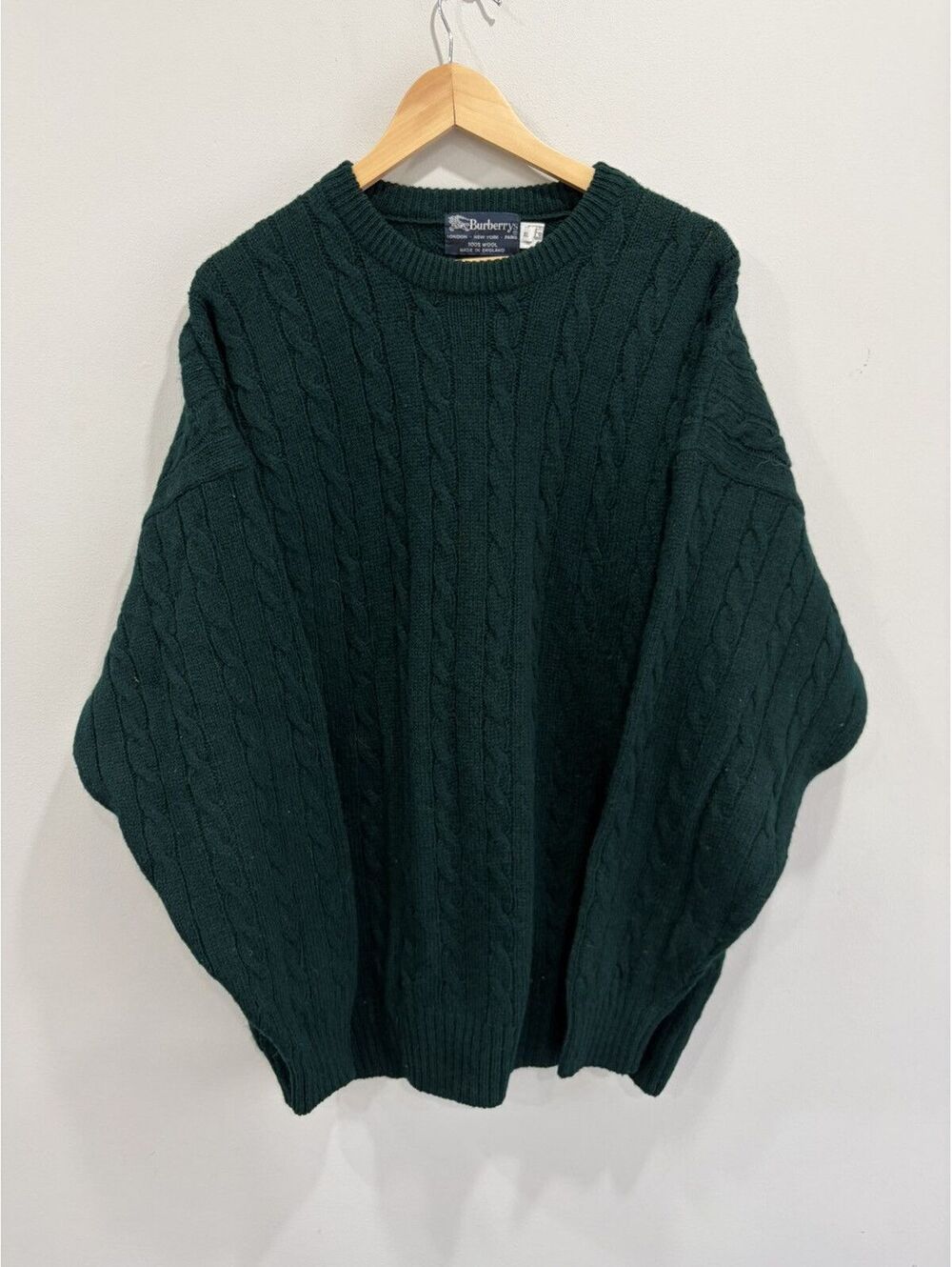 Vintage 80s Burberry Knit Sweater Cable Knit Forest Green